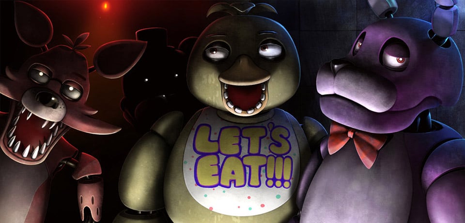 Промо-изображение к игре Five Nights at Freddy's.  На снимке изображены три тревожно выглядящих механических медведя, улыбающихся в камеру.
