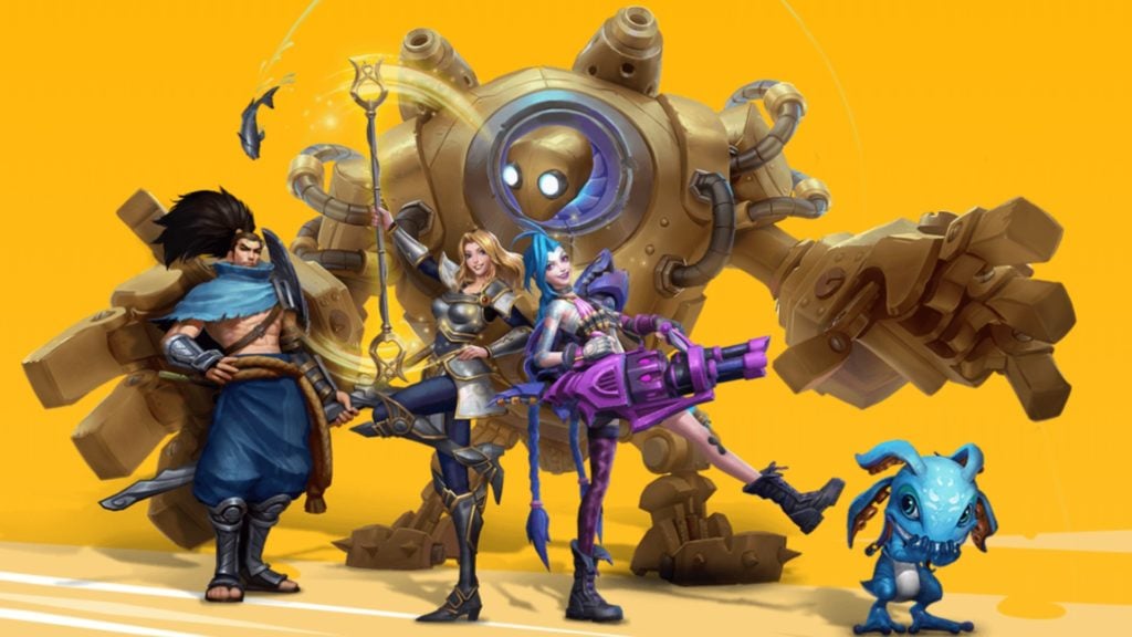 Feature image for our best Android MOBAs. It shows several League Of Legends: Wild Rift characters on a yellow background.