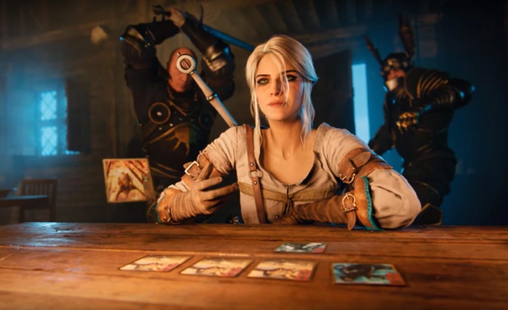 Feature image for our Best Android Board games piece. It shows the character of Ciri from The Witcher series, playing a card game while figures sneak up behind her.