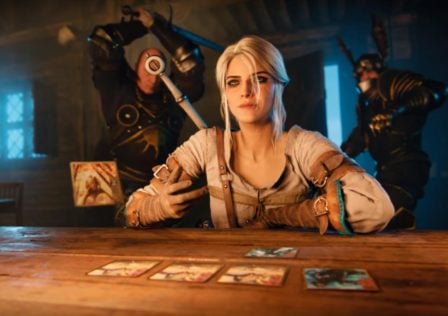Feature image for our Best Android Board games piece. It shows the character of Ciri from The Witcher series, playing a card game while figures sneak up behind her.