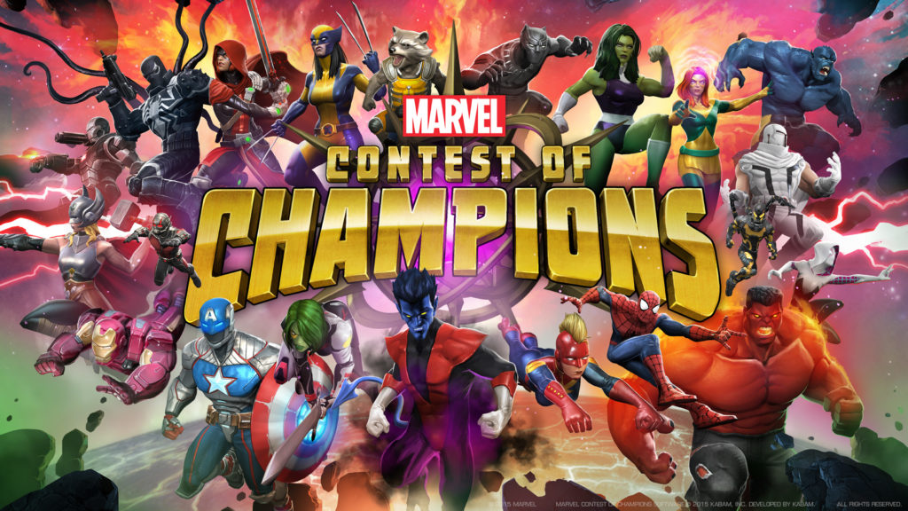 Feature image for our feature on the best superhero games for Android. It shows promotional art for Marvel Contest Of Champions, with lots of different Marvel heroes.
