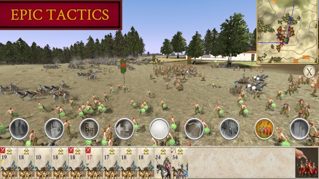 Feature image for our best Android RTS game feature. It shows a screen from Rome: Total Wat with a battle on a green field near a forest between two armies.