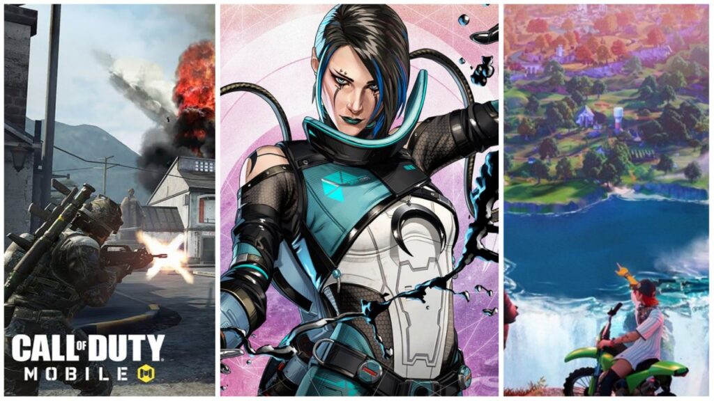 feature image for our best android battle royale shooters guide, the image features promo art for call of duty mobile, apex legends, and fortnite