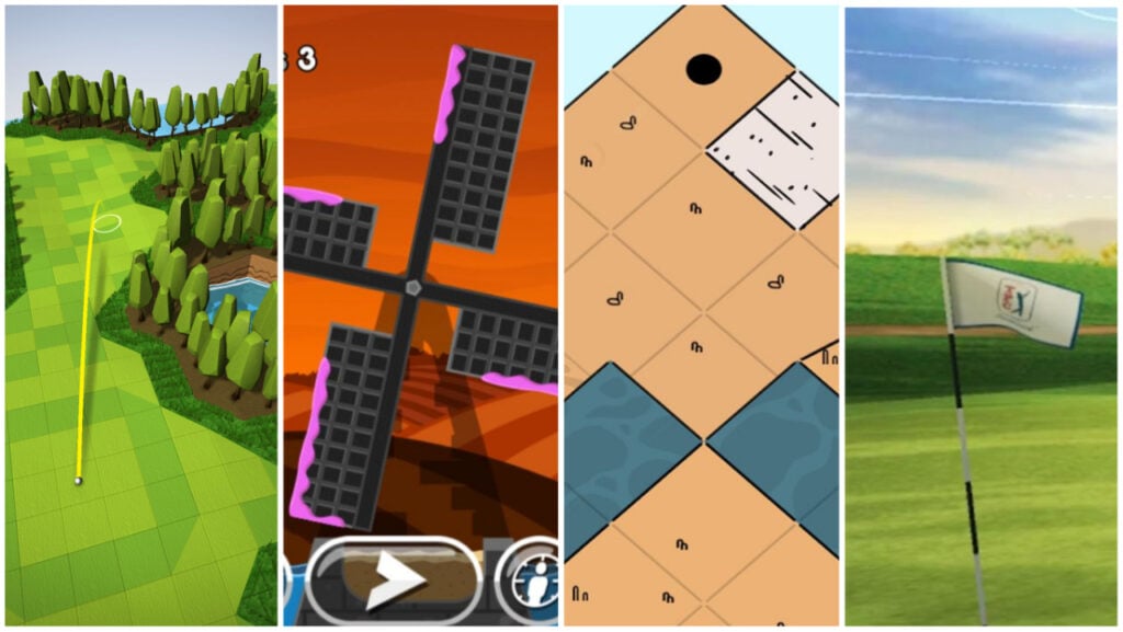 Feature image for our best Android golf games piece. it shows a course form OK gold, a windmill from Super Stickman Golf 2, a course from Gold Peaks, and a flag from PGA Tour Gold Shootout.