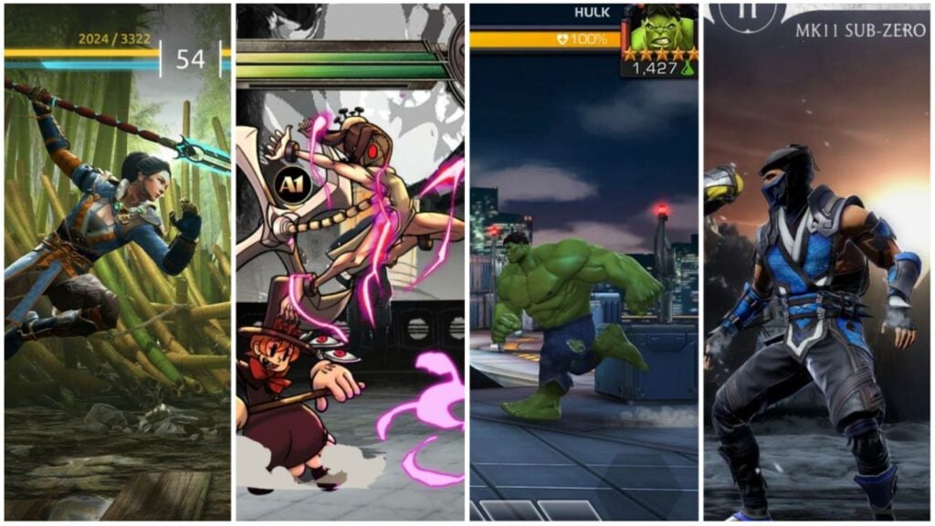 Feature image for our best Android fighting games. It shows fighters from Shadow Fight 4 Arena, Skullgirls, Marvel Contest Of Champions and Mortal Kombat.
