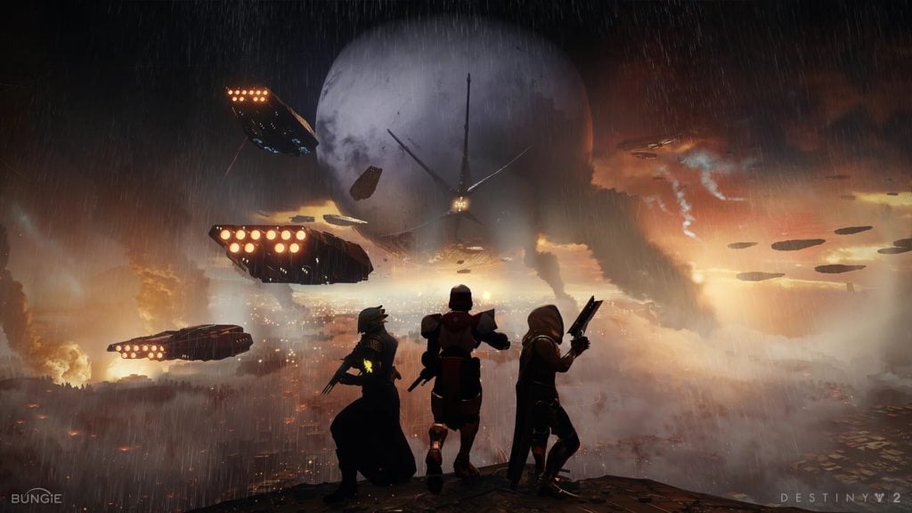 Feature image for our shooters we'd like to see on Android. It shows a Destiny 2 promo image with three armed characters in from of a scene with ships flying through the air.