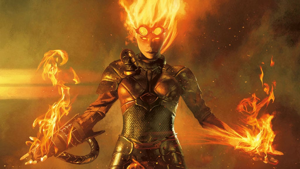 Feature image for our Best Android card games feature. It shows a character with flaming hair and hands.