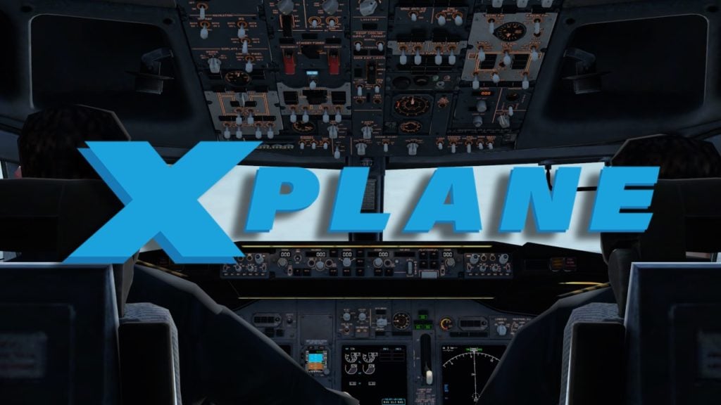 X Plane logo in a cockpit