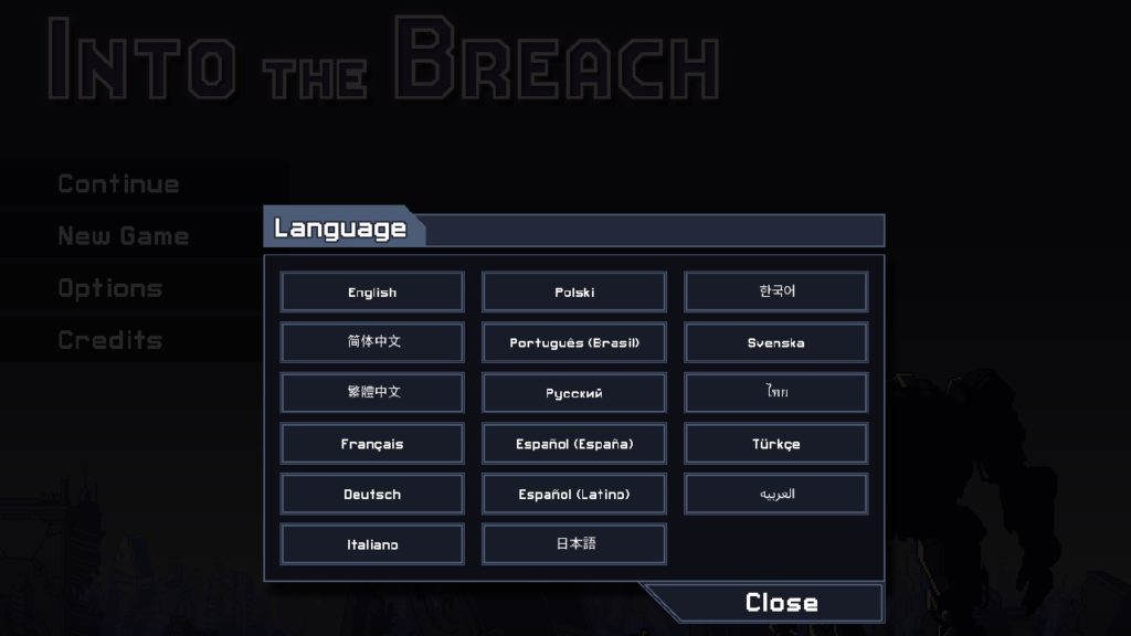 Into the Breach mobile language selection