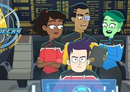 Characters form Lower Decks gathered around a screen
