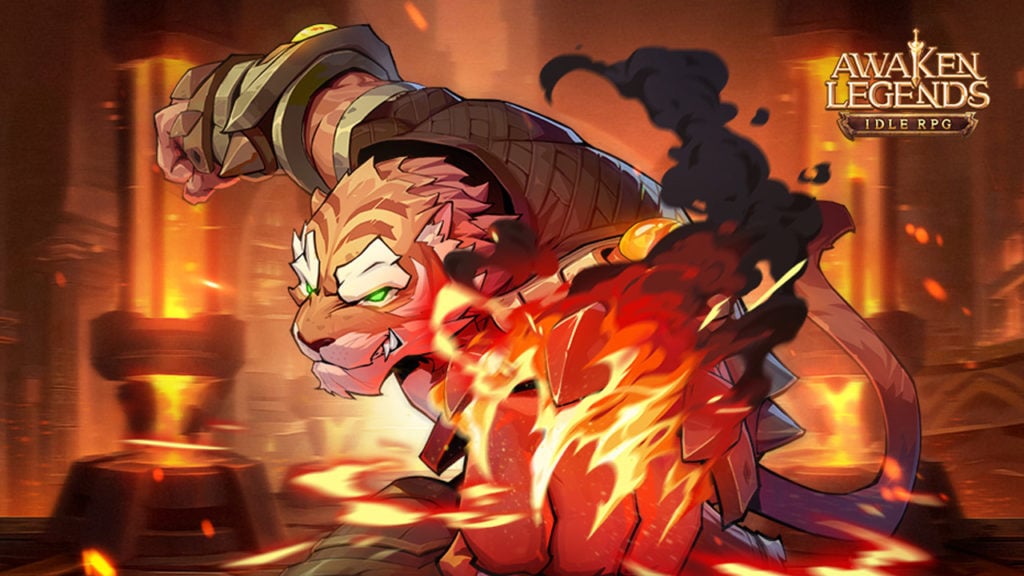 The featured image for our Awaken Legends featured image, featuring a muscular tiger humanoid character smashing their way to the camera with flaming fists.