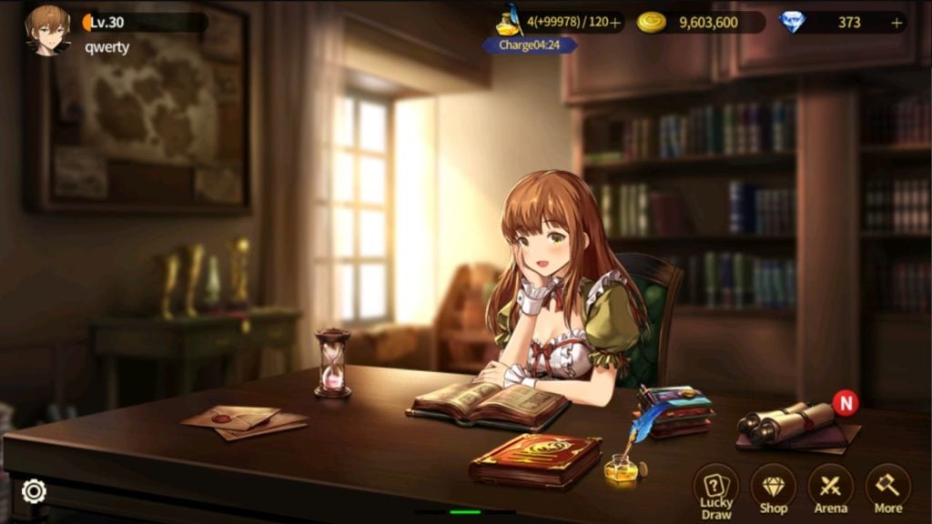Feature image for our BraveNine Sotry tier list. It shows a screenshot from the game, with a character sat at a table.