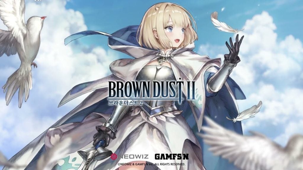 feature image for our brown dust 2 trailer news article, featuring the game's logo in the middle, as well as the developer's logo at the bottom, there's also a blonde anime girl with a bird and feather in front of a blue sky with clouds