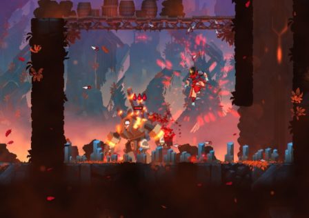 Feature image for our news article on the Dead Cells Android port. It shows a Dead Cells screenshot with a boss fight taking place.