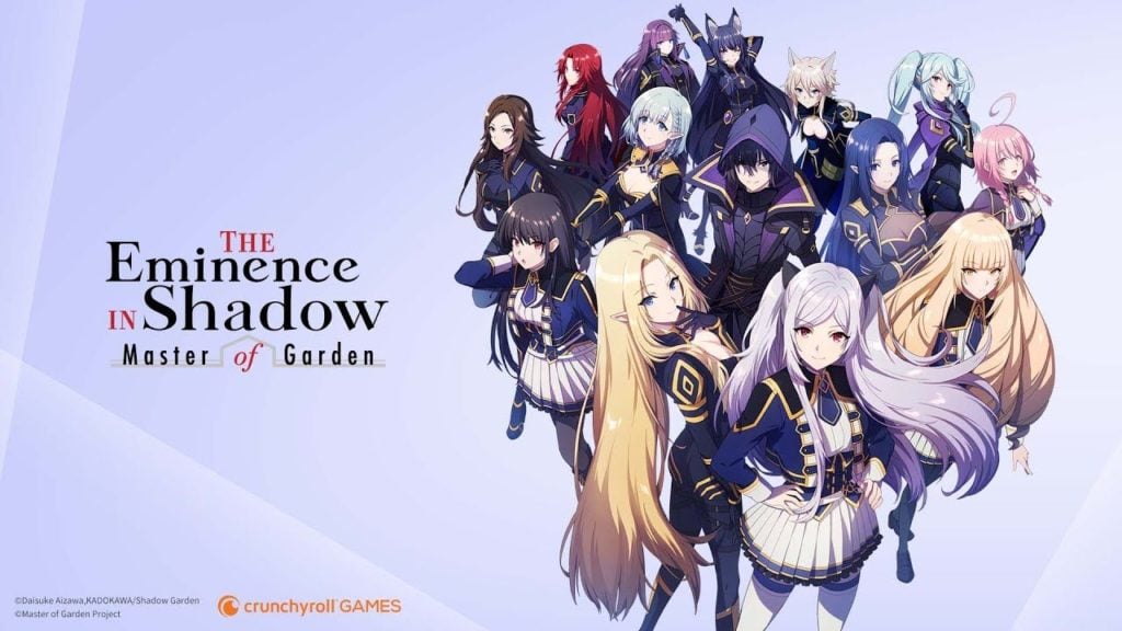 this is the feature image for our eminence in shadow master of garden release date news article, featuring some of the characters from the game and anime all stood together, with the games logo on the left side of the picture