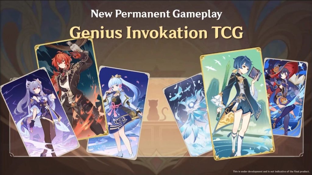 feature image for our genshin impact genius invokation tcg trailer news article, featuring some of the character cards that will be in the game such as diluc, keqing, ayaka, mona, xingqiu