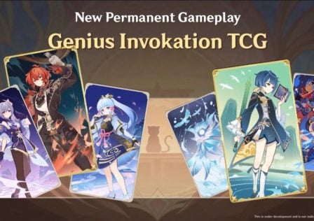 feature image for our genshin impact genius invokation tcg trailer news article, featuring some of the character cards that will be in the game such as diluc, keqing, ayaka, mona, xingqiu