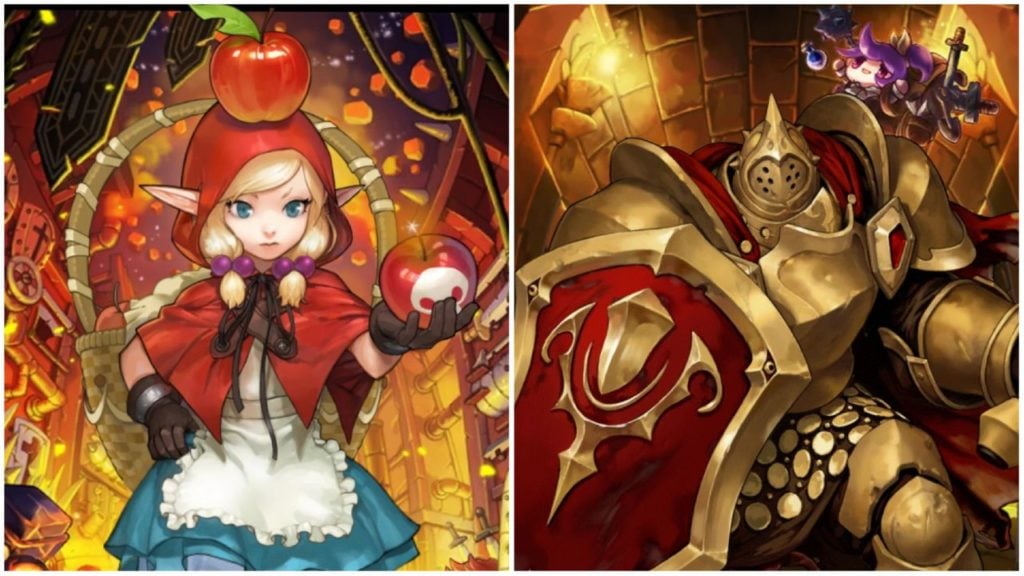 red hood elvira from guardian tales holding an apple with an apple on her head and the character craig dressed in full body gold armor with a shield