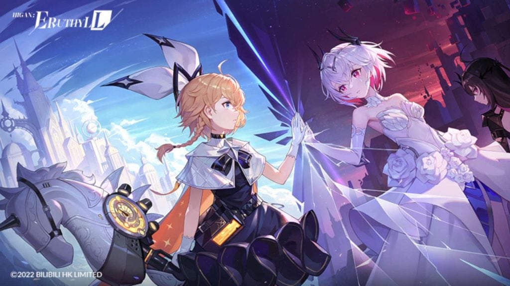 promotional image for the RPG gacha game higan eruthyll, featuring two women looking at each other and touching hands