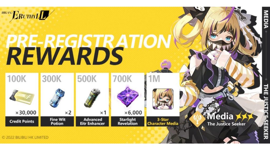 feature image for our higan eruthyll pre registration rewards news article, the image features a yellow background with an anime girl called Media free three star character, there are white boxes that have the pre registration milestone rewards with the number of each milstone above