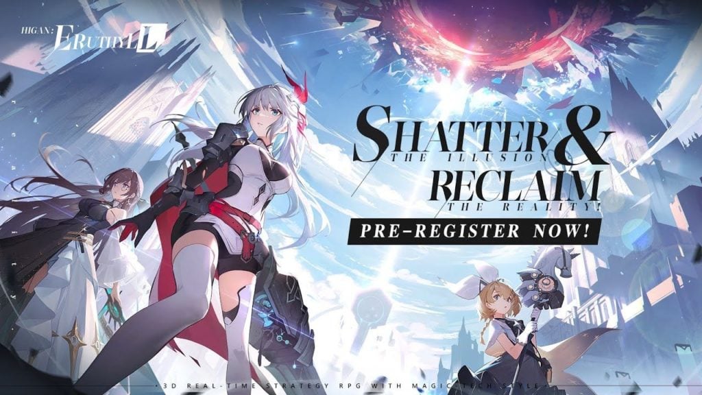 promotional image for the preregistration of higan eruthyll, with three female characters holding weapons and looking off into the distance, they are surrounded by buildings and a bue sky with a dark red hole in the sky, the logo for the game is in the top left and there is text telling you to pre register