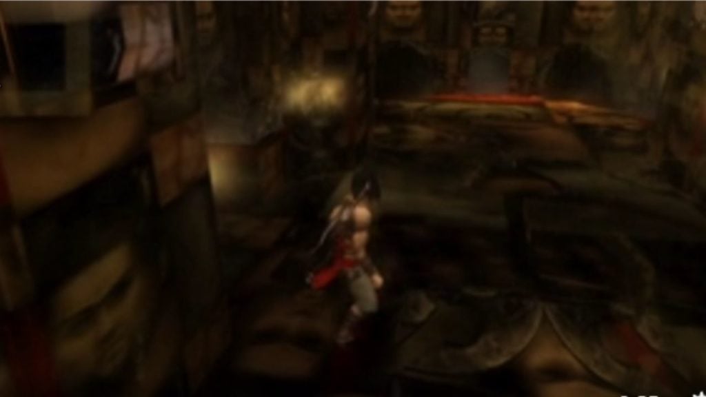 Screenshot from PSP emulator playthrough of Prince Of Persia Revelations showing a glitch that puts face textures on the walls and floor.