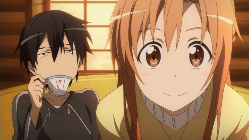 feature image for our sword art online vs maintenance news article, kirito is on the left drinking out of a teacup with asuna next to him staring at the camera and smiling