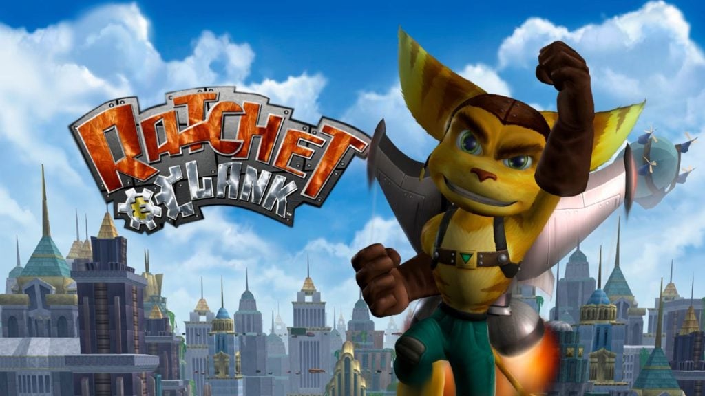 Feature image for our AetherSX2 emulator news piece. It shows some promotional art from Ratchet and Clank, witch Ratchet flying using Clank as a jetpack.