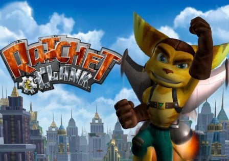 Feature image for our AetherSX2 emulator news piece. It shows some promotional art from Ratchet and Clank, witch Ratchet flying using Clank as a jetpack.
