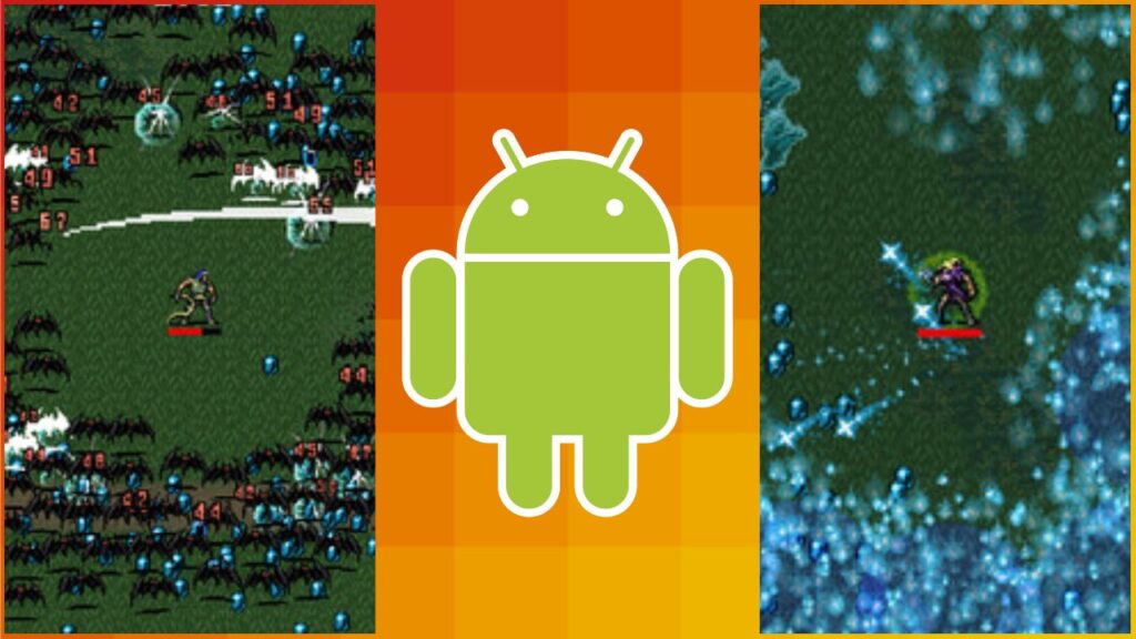 feature image for our android game of the year 2022 article, the image features the android robot logo on top of an orange background, as well as two screenshots of vampire survivors gameplay