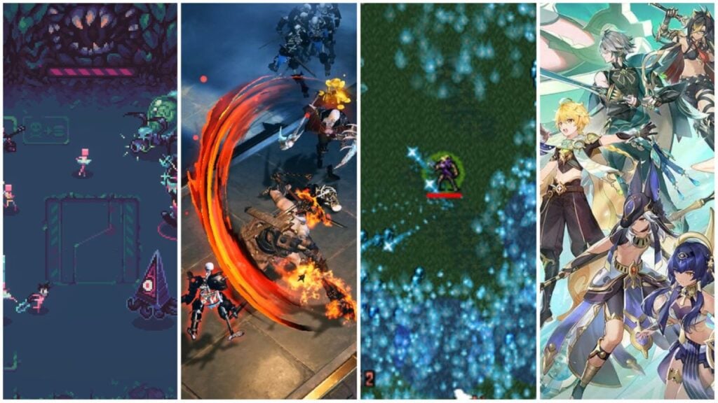 feature image for our best android games feature, the image features screenshots from despot's game, vampire survivors, diablo immortal, and art from genshin impact