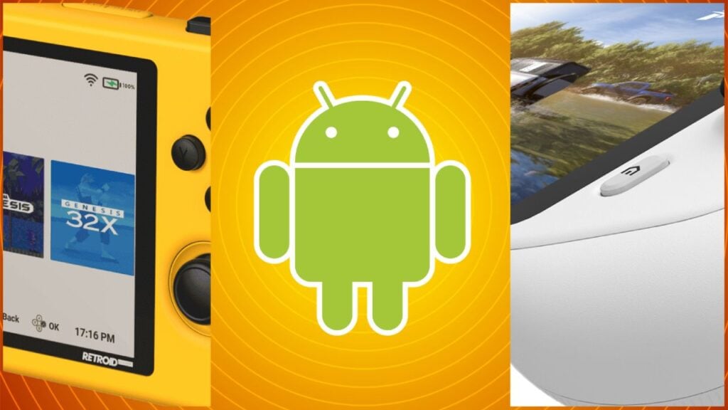 Funkce Funkce pro naše nejlepší funkce Android Gaming Handhelds, obrázek obsahuje logo Android Robot a dvě fotografie Retroid Pocket 3 a Logitech G Cloud