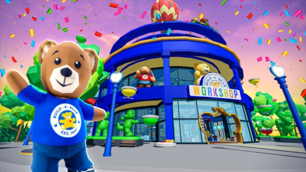Feature image for our Build-A-Bear Tycoon codes guide. It shows a Build-A-Bear workshop with a bear standing outside.