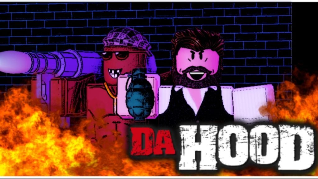Feature image for our Da Hood codes guide. It shows a promotional image for Da Hood with two characters posing with weapons.