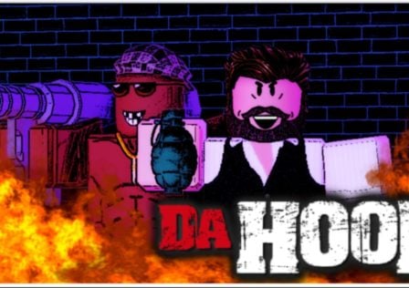 Feature image for our Da Hood codes guide. It shows a promotional image for Da Hood with two characters posing with weapons.