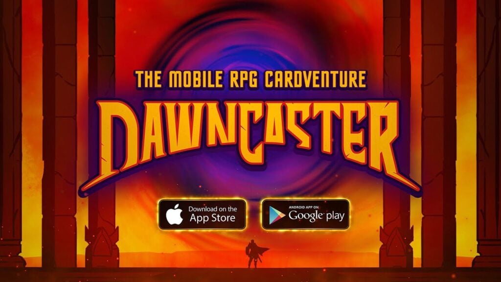 feature image for our dawncaster sale news article, the image is a promotional photo for the game, which includes the game's logo as well as a silhouette of a character, with the app store and google play logos