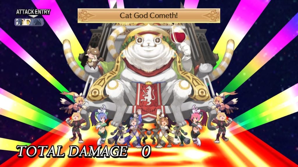Feature image for our Disgaea 4 Android news. article. It shows a screenshot form the game, where a huge cat sits on a gold throne, surrounded by cat people.