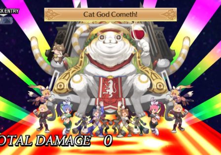 Feature image for our Disgaea 4 Android news. article. It shows a screenshot form the game, where a huge cat sits on a gold throne, surrounded by cat people.