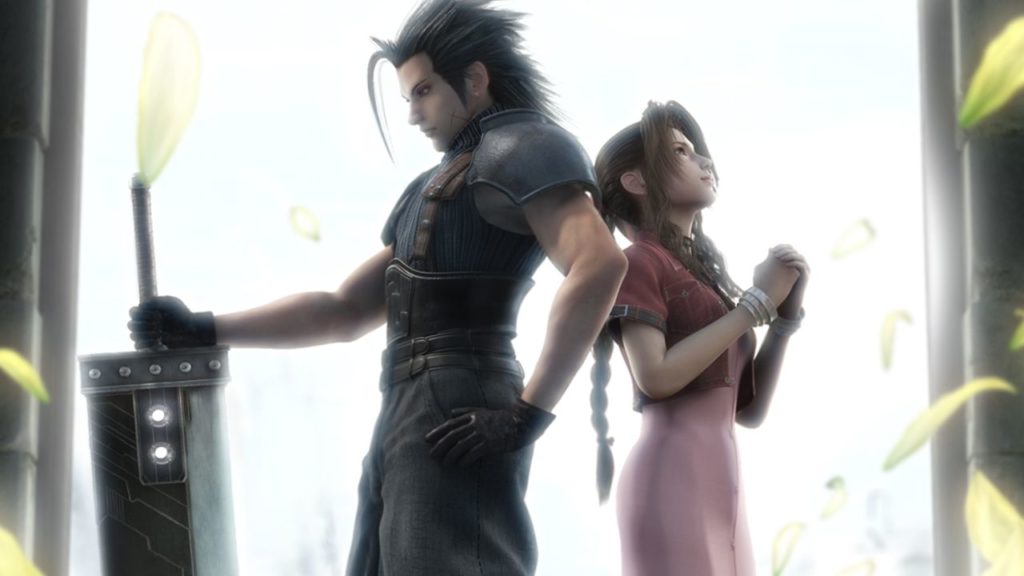 Feature image for our Final Fantasy VII: Ever Crisis trailer news piece. It shows Final Fantasy VII characters Zack and Aeris, stood back-to-back.