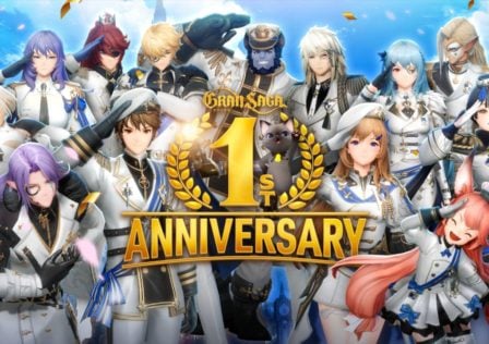 Feature image for our Gran Saga codes guide. It shows the cast of characters stood around a first anniversary banner.