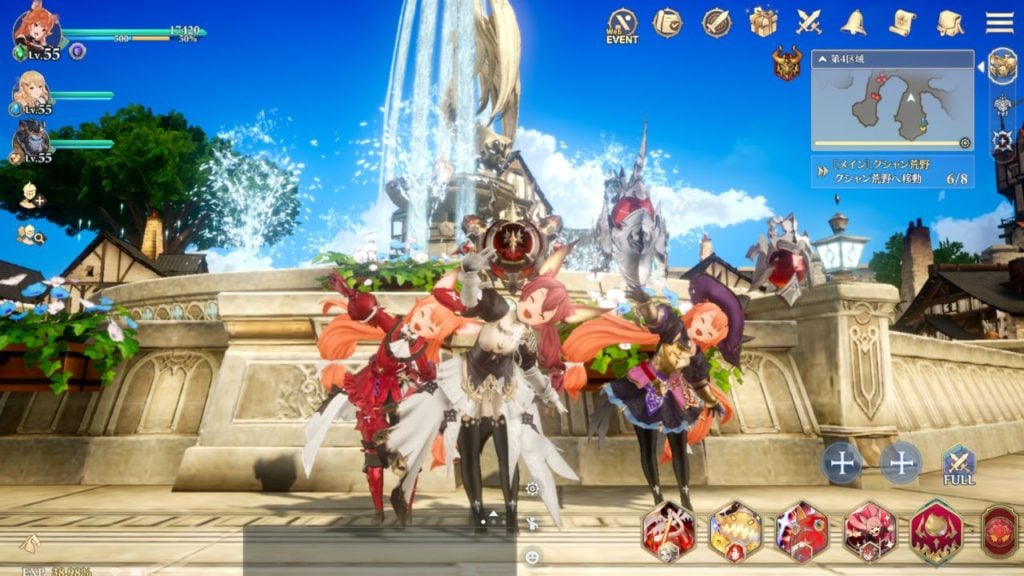 Feature image for our Gran Saga tier list. It shows a screenshot with several characters in front of a fountain.
