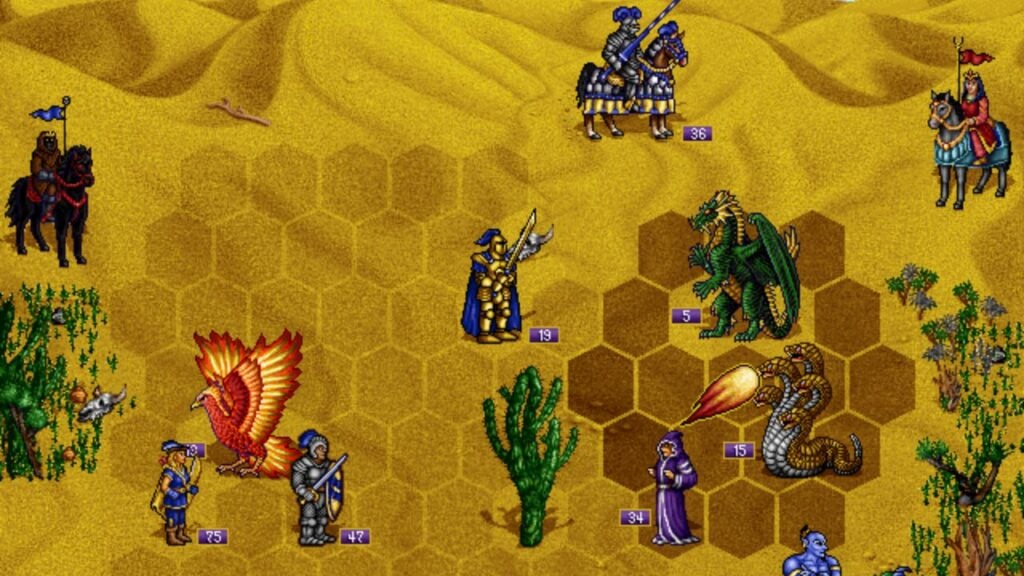 Feature image for our news piece on the Heroes of Might and Magic 2 Android version. It shows a battle screenshot from the game, with different soldiers and monsters.