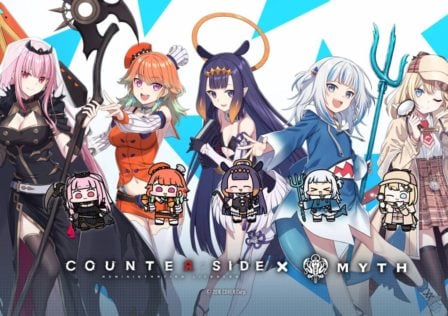 feature image for our counterside holomyth collaboration release date news article, the image features the counterside and holomyth logos, as well as the 5 vtubers part of the group, from the left is mori calliope, takanashi kiara, ninomae ina'nis, gawr gura and watson amelia