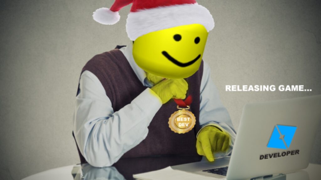 The featured image for our Make Roblox Games To Become Rich And Famous codes guide, featuring a Roblox developer patiently sitting at a laptop in a Santa hat, releasing a Roblox game.