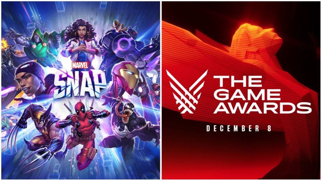 feature image for our marvel snap game awards news article, the image features a promotional image for marvel snap and the logo for the game awards