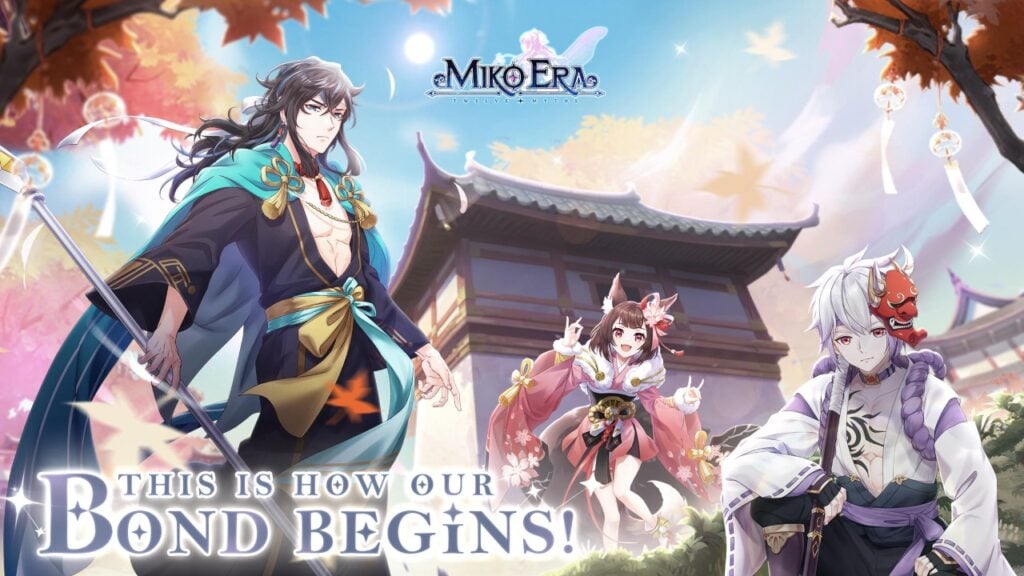 The featured image for our Miko Era: Twelve Myths codes guide, featuring three Miko characters standing and facing the camera. They are outside of a building in a garden/park area. The sky shines blue above them.