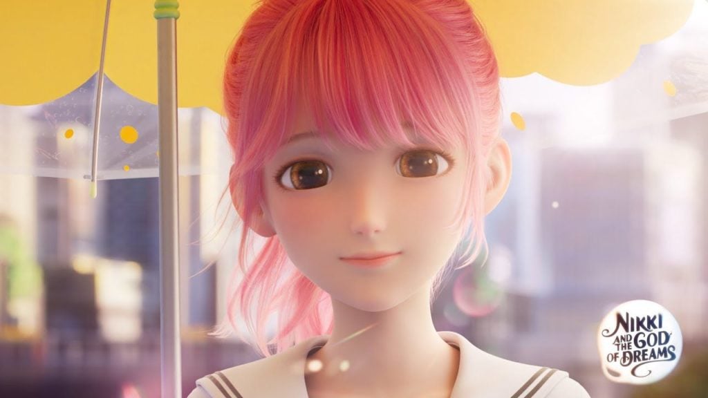 feature image for our nikki movie trailer news article, the image features a pink haired nikki holding a yellow umbrella, with a blurry cityscape background