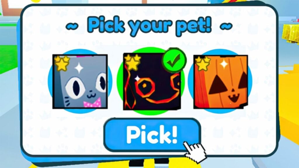 feature image for our pet clicking simulator codes guide, the image features a screenshot from the game with "pick your pet" as it showcases 3 types of pet that you can buy in the game
