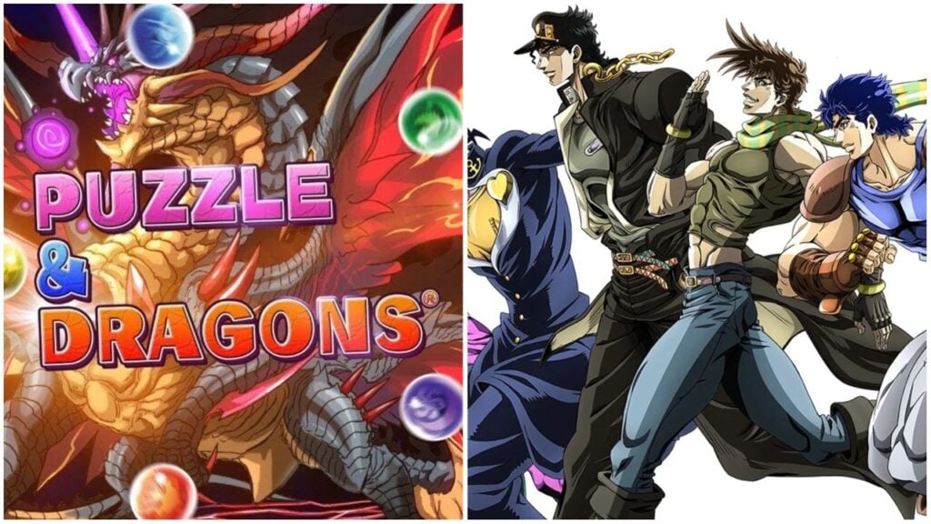 feature image for our Puzzle & Dragons Jojo’s Bizarre Adventure collab release date news article, the image features the puzzle and dragons logo with a dragon and orbs, with drawings of some characters from jojo's bizarre adventure