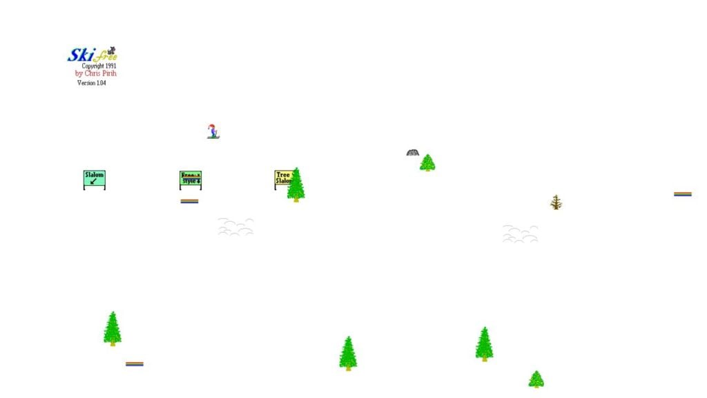 Feature image for our SkiFree Android news. Is features a screenshot from SkiFree, showing the skier and some trees.